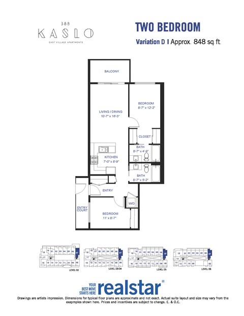 Floor plan for 2 beds, 2 baths, 848 sqft