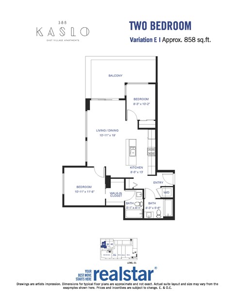 Floor plan for 2 beds, 2 baths, 858 sqft