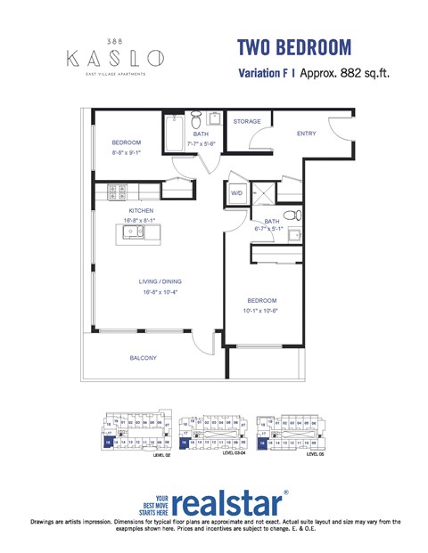 Floor plan for 2 beds, 2 baths, 882 sqft
