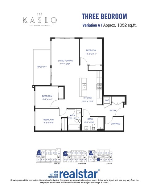 Floor plan for 3 beds, 2 baths, 1052 sqft