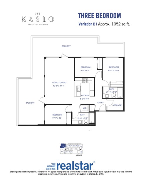 Floor plan for 3 beds, 2 baths, 1052 sqft