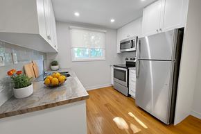 Brockville apartment for rent - A kitchen with a refrigerator, oven, and sink.