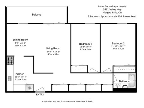 Floor plan for 2 beds, 1 bath, 876 sqft