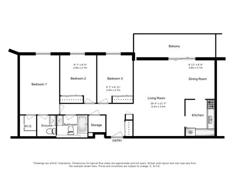 Floor plan for 3 beds, 1.5 baths, 999 sqft