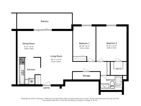Floor plan for 2 beds, 1 bath, 790 sqft