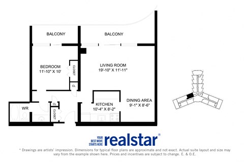 Floor plan for 1 bed, 1 bath, 798 sqft