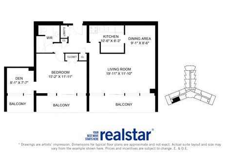 Floor plan for 1 bed, 1 bath, 900 sqft