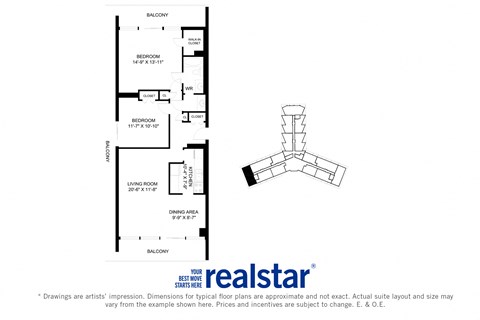 Floor plan for 2 beds, 1 bath, 1076 sqft