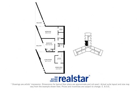Floor plan for 2 beds, 1 bath, 1050 sqft