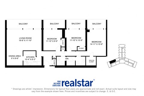 Floor plan for 3 beds, 1.5 baths, 1240 sqft