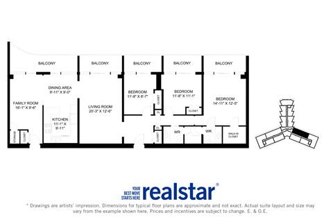 Floor plan for 3 beds, 1.5 baths, 1580 sqft