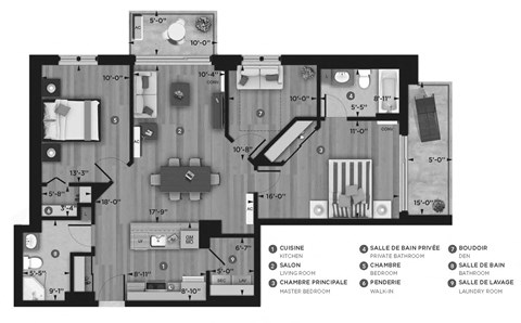 Floor plan for 2 beds, 2 baths, 1042 sqft