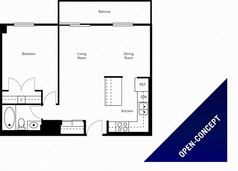 Floor plan for 1 bed, 1 bath, 657 sqft