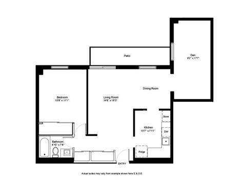 Floor plan for 1 bed, 1 bath, 876 sqft