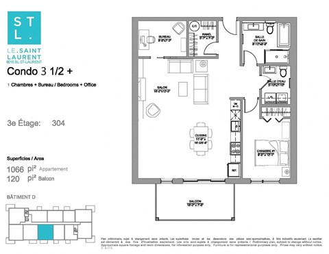 Floor plan for 1 bed, 1.5 baths, 1066 sqft