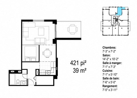 Floor plan for studio, 1 bath, 421 sqft