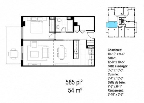 Floor plan for 1 bed, 1 bath, 585 sqft