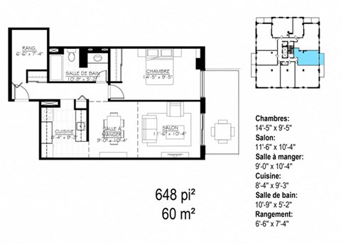 Floor plan for 1 bed, 1 bath, 648 sqft