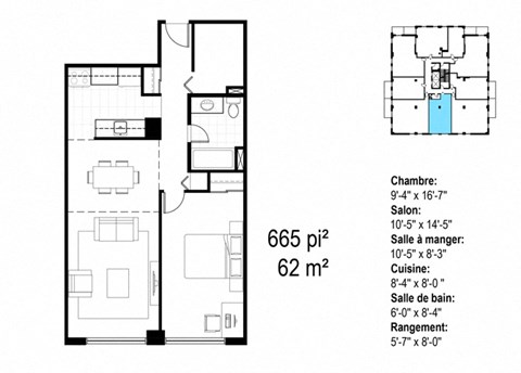 Floor plan for 1 bed, 1 bath, 665 sqft