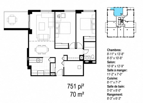 Floor plan for 2 beds, 1 bath, 751 sqft