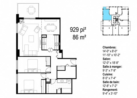 Floor plan for 2 beds, 1 bath, 929 sqft