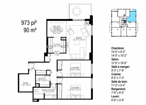 Floor plan for 2 beds, 1 bath, 973 sqft