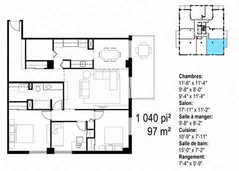 Floor plan for 3 beds, 1 bath, 1040 sqft