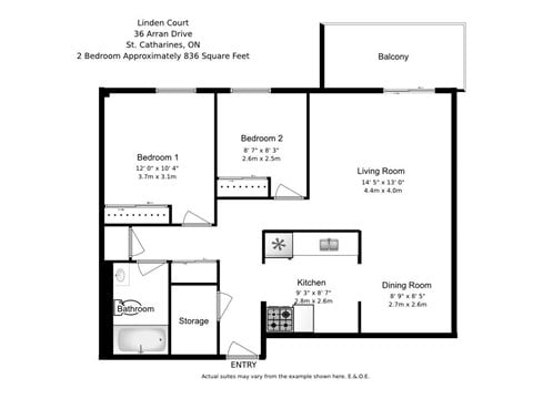 Floor plan for 2 beds, 1 bath, 836 sqft