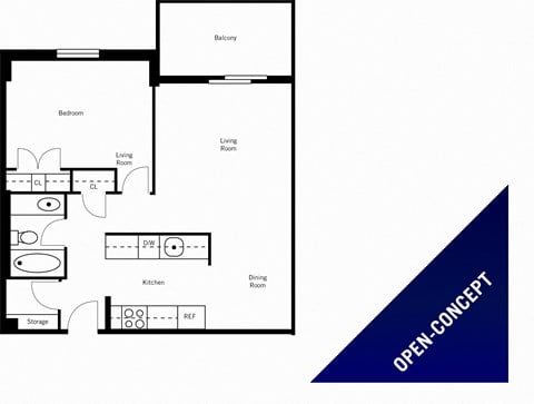 Floor plan for 1 bed, 1 bath, 712 sqft