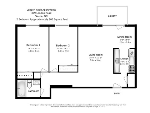 Floor plan for 2 beds, 1 bath, 806 sqft