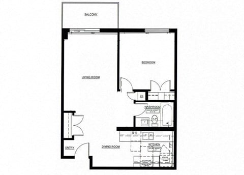 Floor plan for 1 bed, 1 bath, 672 sqft