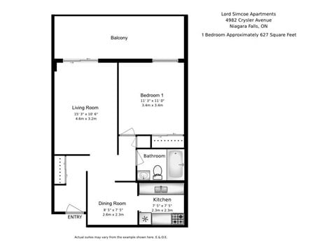 Floor plan for 1 bed, 1 bath, 672 sqft