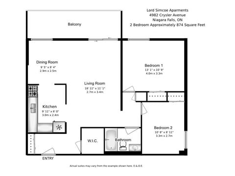 Floor plan for 2 beds, 1 bath, 874 sqft