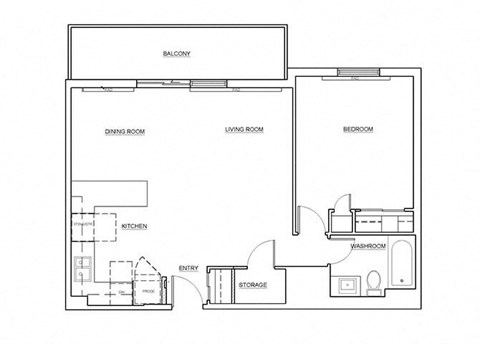 Floor plan for 1 bed, 1 bath, 598 sqft