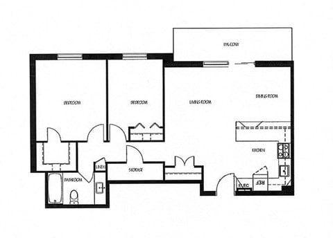 Floor plan for 2 beds, 1 bath, 790 sqft