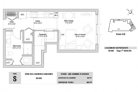 Floor plan for studio, 1 bath, 484 sqft
