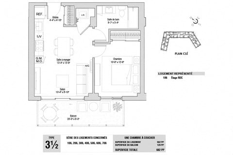 Floor plan for 1 bed, 1 bath, 564 sqft