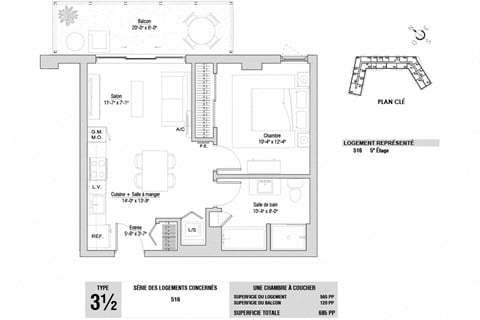 Floor plan for 1 bed, 1 bath, 565 sqft