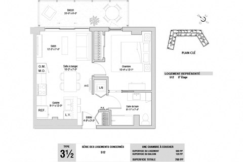 Floor plan for 1 bed, 1 bath, 580 sqft