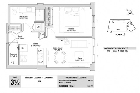 Floor plan for 1 bed, 1 bath, 594 sqft