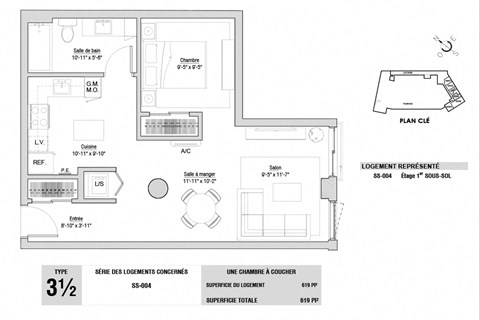 Floor plan for 1 bed, 1 bath, 618 sqft