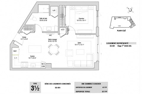 Floor plan for 1 bed, 1 bath, 677 sqft