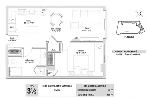 Floor plan for 1 bed, 1 bath, 699 sqft