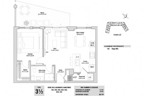 Floor plan for 1 bed, 1 bath, 717 sqft