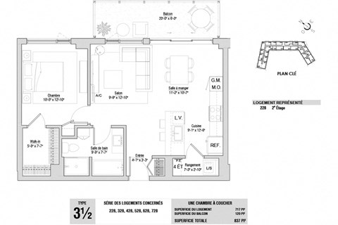 Floor plan for 1 bed, 1 bath, 717 sqft