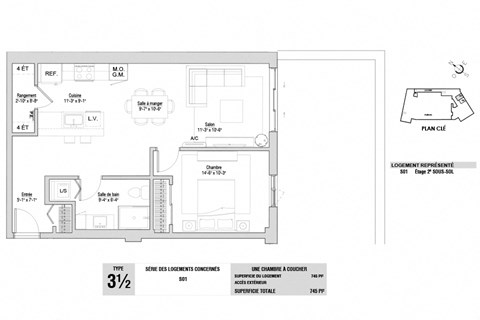 Floor plan for 1 bed, 1 bath, 744 sqft