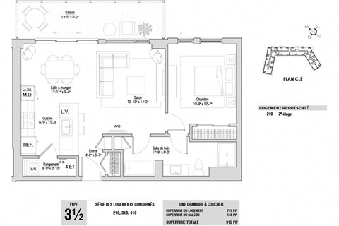Floor plan for 1 bed, 1 bath, 764 sqft