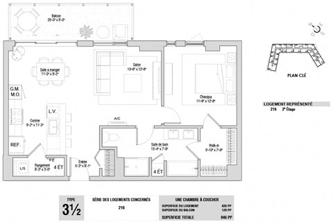 Floor plan for 1 bed, 1 bath, 826 sqft