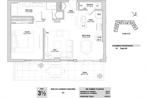 Floor plan for 1 bed, 1 bath, 839 sqft