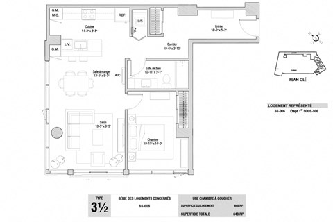 Floor plan for 1 bed, 1 bath, 842 sqft